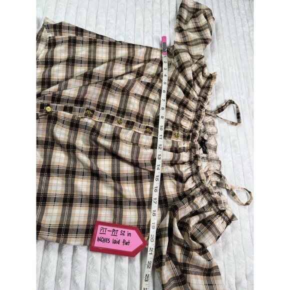 New Glory Off The Shoulder Crop Front Tie Knot Button Brown Peach Plaid WM 2X - Picture 14 of 16